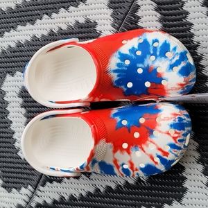 Red, white and blue crocs